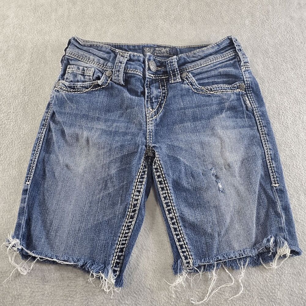 Silver Jeans Shorts Womens 26x32 Blue Denim Cutoff Thick Stitch Suki Straight